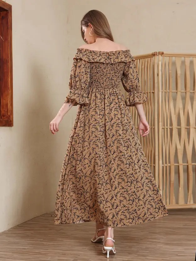 Women Fit and Flare Brown Full Length Dress - Image 4