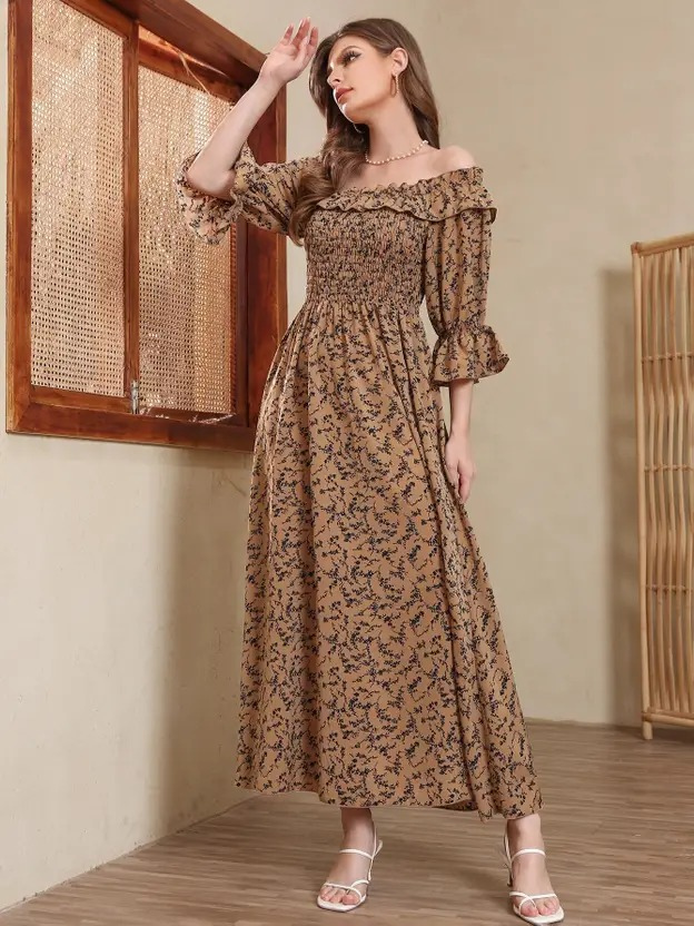 Women Fit and Flare Brown Full Length Dress - Image 3