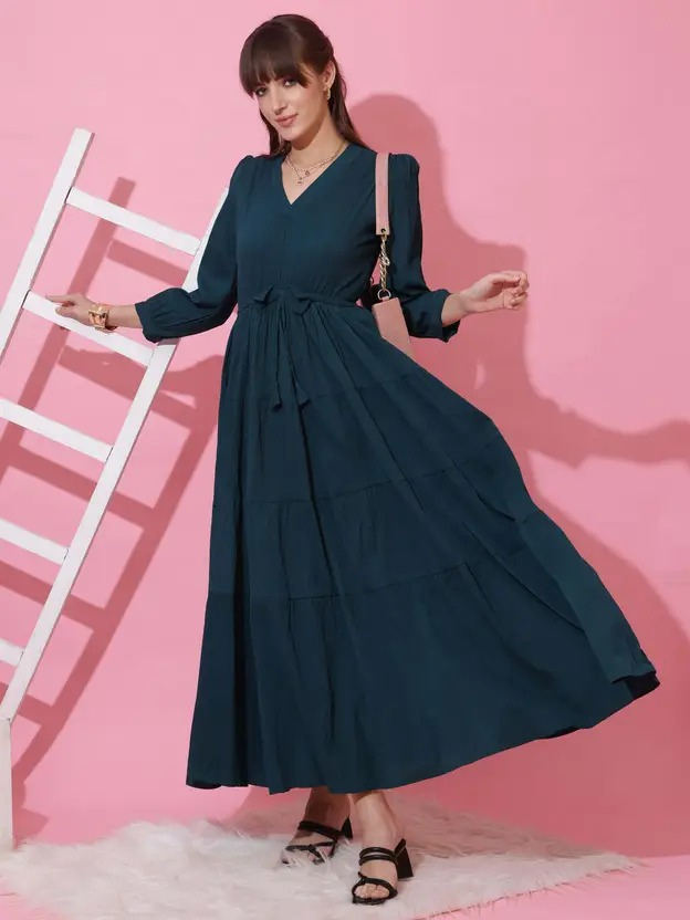 Women Fit and Flare Dark Green Full Length Dress - Image 3
