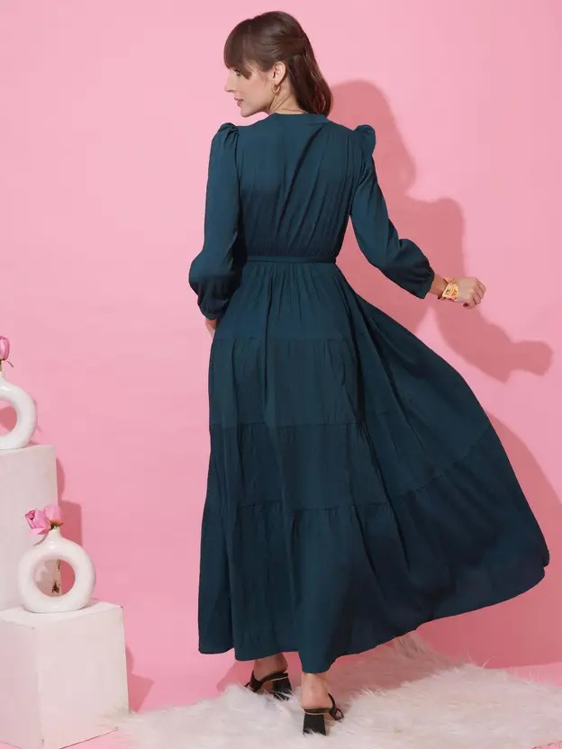 Women Fit and Flare Dark Green Full Length Dress - Image 4